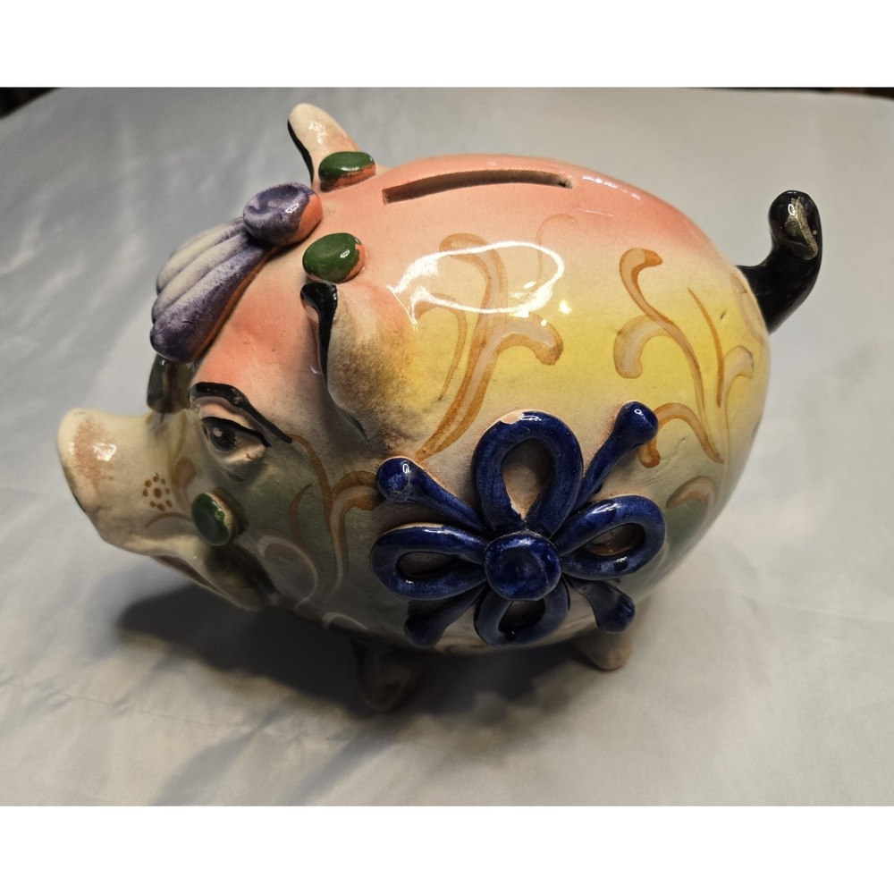 Handmade Decorative Ceramic Piggy Bank Colorful Odd Unique 8"‎ Long